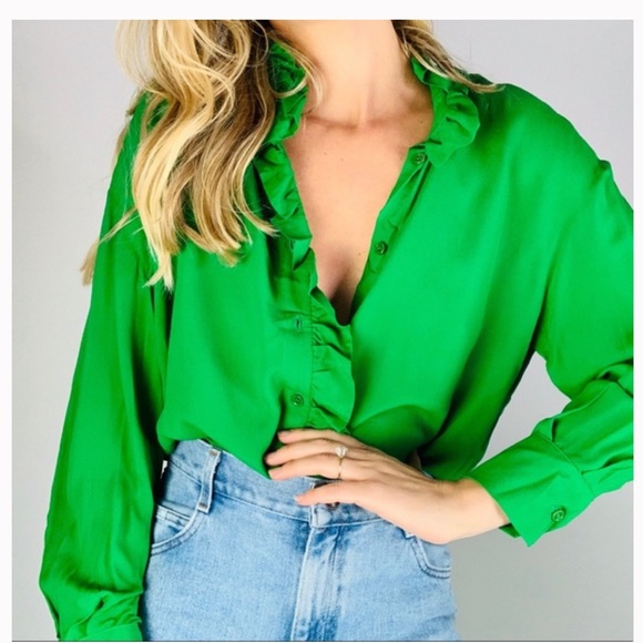 Zara ruffle trim button down oversized shirt green - Picture 6 of 12
